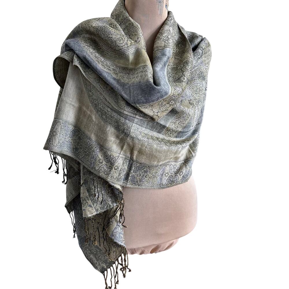 PASHMINA Silk Blend Paisley Tapestry Wrap Shawl Neutral Print Fringe Boho Hippie